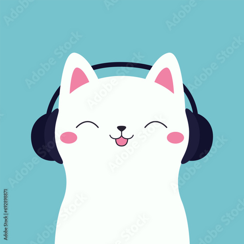 Cat in black headphones earphones. Kitten listen to music with closed eyes, pink tongue, ears. Cute cartoon kawaii funny baby pet character. Happy face head. Flat design. Blue background.