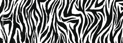 Zebra fur - stripe skin, animal pattern. Hand drawn texture. Black and white background. Graphic print. Vector