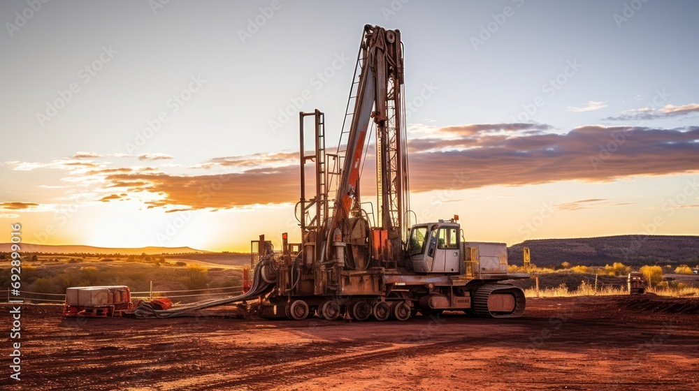 Well drilling machine, drilling a well, dry ground, sunset Well drilling machine, drilling a well, dry ground, sunset