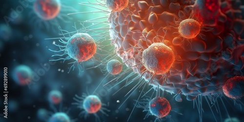Detailed illustration of a virus invading human cells, showing the process of viral infection at a cellular level