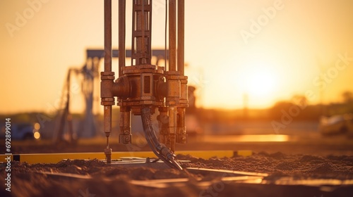 Well drilling machine, drilling a well, dry ground, sunset photo