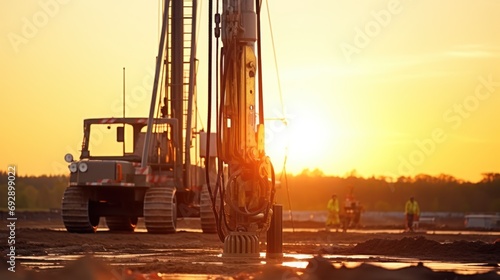 Well drilling machine, drilling a well, dry ground, sunset