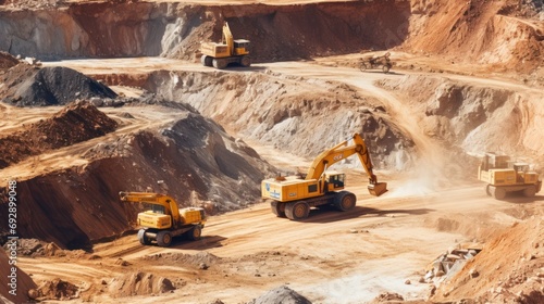 High angle view of trucks and excavators working in open pit in gold mine