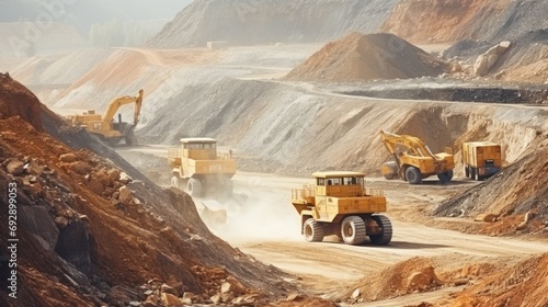 High angle view of trucks and excavators working in open pit in gold mine