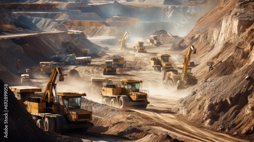 High angle view of trucks and excavators working in open pit in gold mine photo
