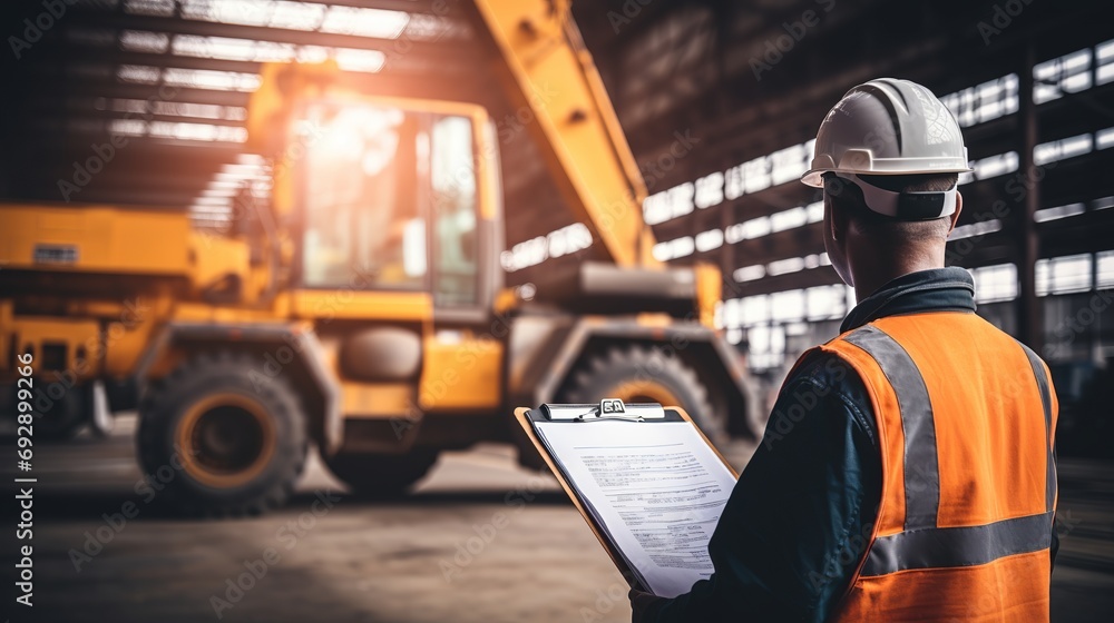 Industrial Safety Check: Operation Supervisor Inspecting Heavy Machinery with Crane Truck Background - Selective Focus