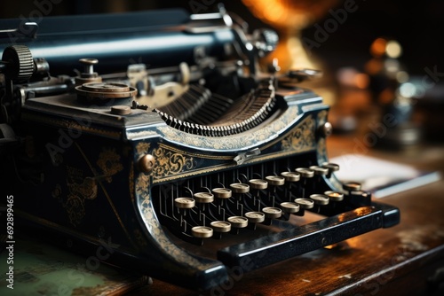 Detailed close-up of a vintage typewriter on an antique wooden desk, nostalgic writing tools