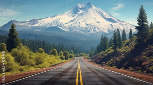 Road in forest and mountain peak n background, shasta, california, usa