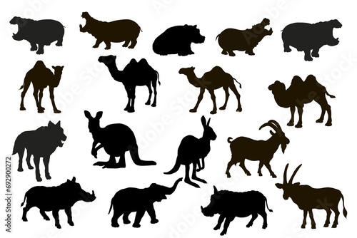 Silhouettes, wild and domestic animals. Vector photo
