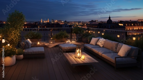 Roof terrace of a beautiful house with night-time view of the city. View over cozy outdoor terrace with outdoor string lights and lanterns photo