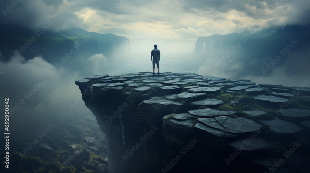 A man standing on a stone cliff - obrazy, fototapety, plakaty 