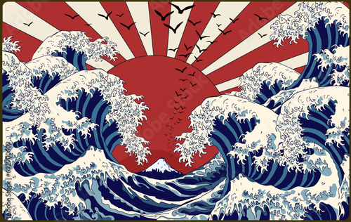 Great sea waves. Red sun in the sky and flying birds. Vector graphic illustration in Asian style. photo