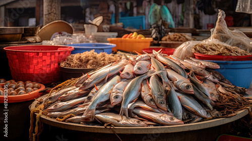 Seafood Delights at the Bustling Fish Market, Featuring a Diverse Array of Finest Catch