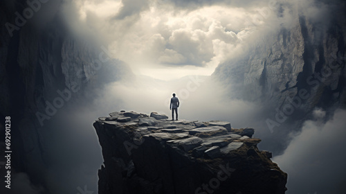 A man standing on a stone cliff photo