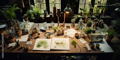 Overhead view of a biologist's workspace with microscope slides, plant specimens, and notations for botanical research