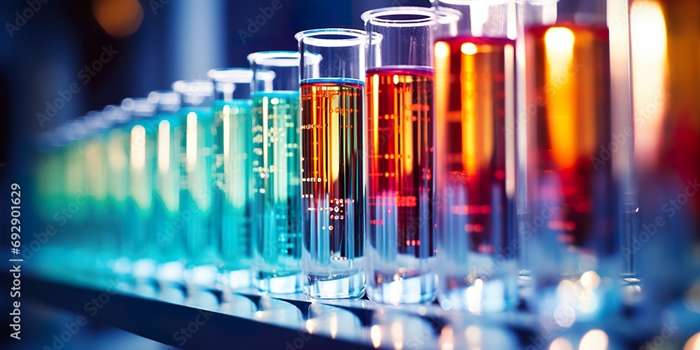 Photo of a rack of glass test tubes containing various colored chemical solutions in a bright laboratory setting Photo of a rack of glass test tubes containing various colored chemical solutions in a bright laboratory setting