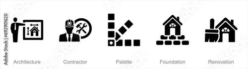 A set of 5 Build icons as architecture, contractor, palette
