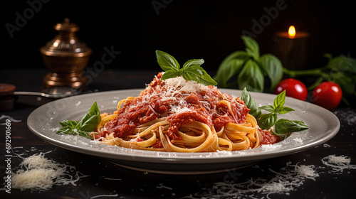 Tasty Composition of Pasta, Rich Bolognese Sauce, and Cheese Served on a Plate