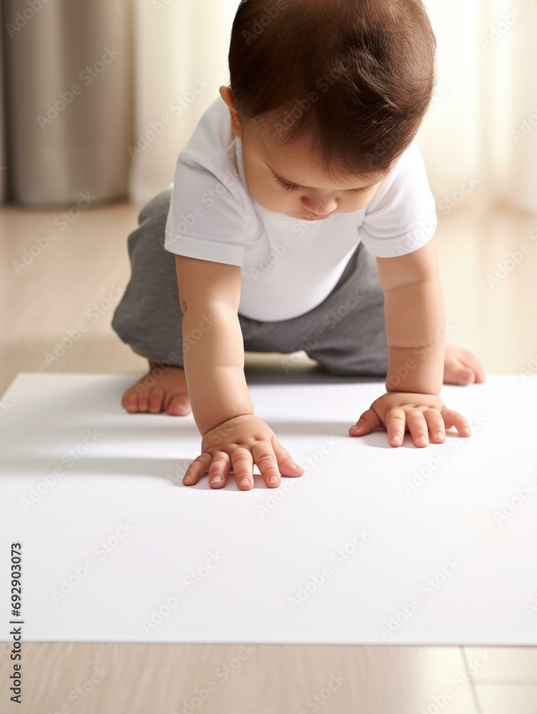 A baby crawling on the floor on a white sheet. Generative AI. A baby crawling on the floor on a white sheet. Generative AI.