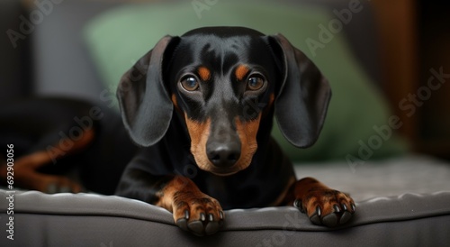 A dachshund dog is laying on a couch. Generative AI. photo