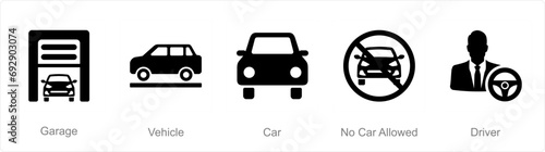 A set of 5 Car icons as garage, vehicle, car