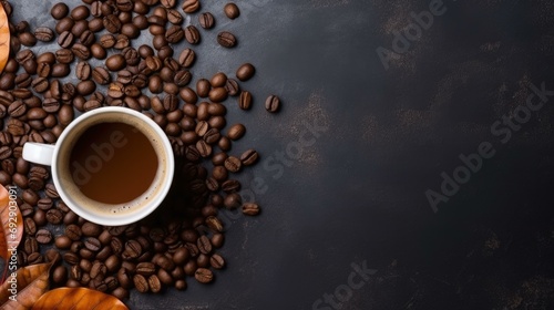 Coffee beans and autumn leaves on a black background. Generative AI.