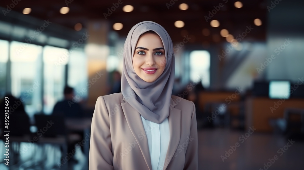 Beautiful Arab business woman professional looks in camera at office background Beautiful Arab business woman professional looks in camera at office background