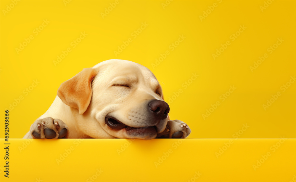 Creative animal concept, relaxed sleeping yellow dog over yellow pastel bright background. Creative animal concept, relaxed sleeping yellow dog over yellow pastel bright background.