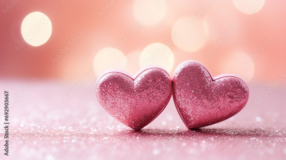 Two adorable hearts, in pink stand out beautifully against a blurry bokeh background of pink hues. This image exudes love and warmth Two adorable hearts, in pink stand out beautifully against a blurry bokeh background of pink hues. This image exudes love and warmth