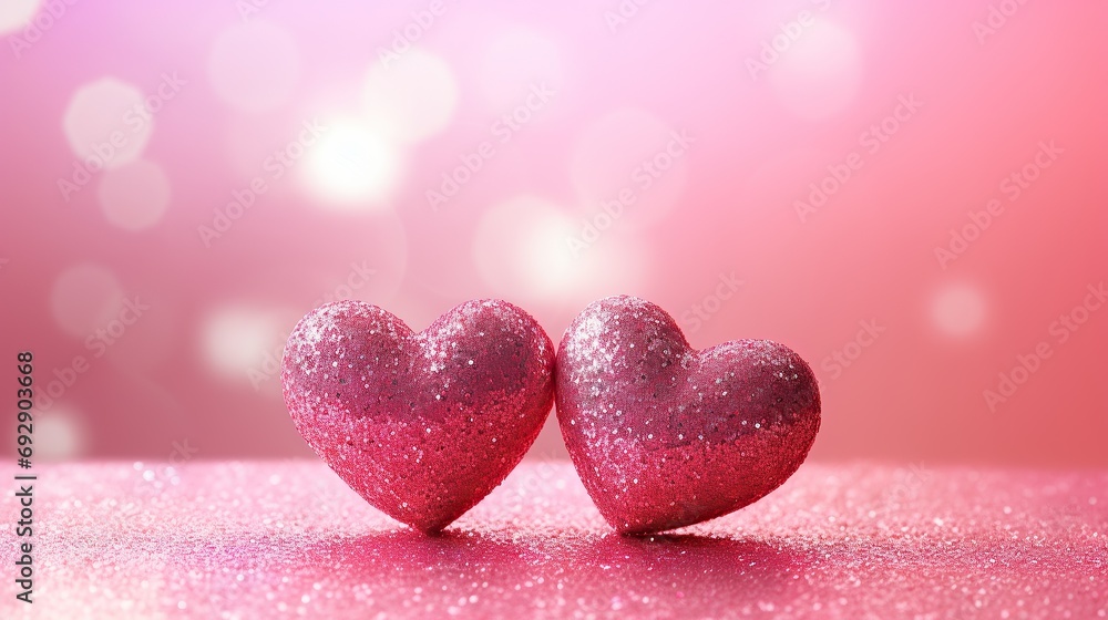 Two adorable hearts, in pink stand out beautifully against a blurry bokeh background of pink hues. This image exudes love and warmth