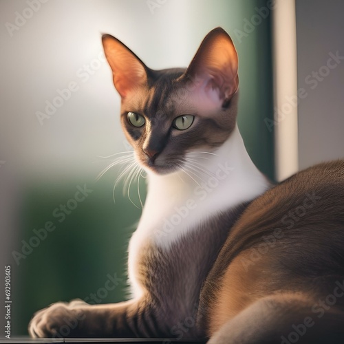 A dramatic portrait of an Oriental cat exhibiting its sleek body1 photo