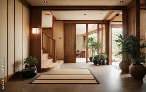 Entrance hall is designed in a modern Japanese style  featuring a door as its focal point. The interior design of the hall incorporates elements of Japanese aesthetics  creating a serene and minimalis