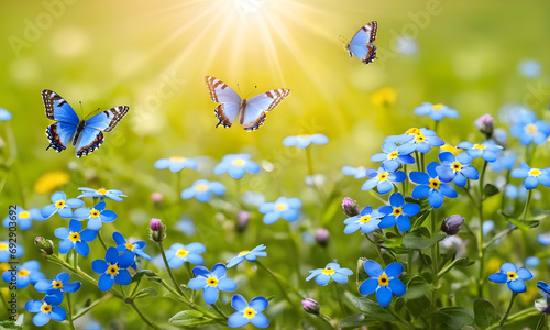 beautiful blue butterflies on a sunny background with blue flowers