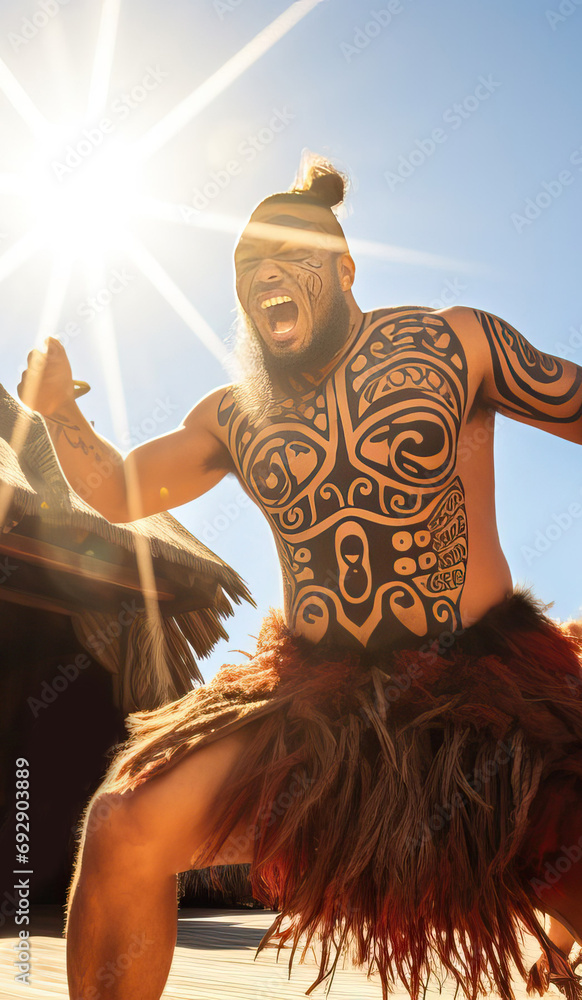maori traditional dancer with tattoo perming haka on bright sunny day - obrazy, fototapety, plakaty 