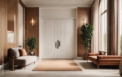 Entrance hall is designed in a modern American style  featuring a door as its focal point