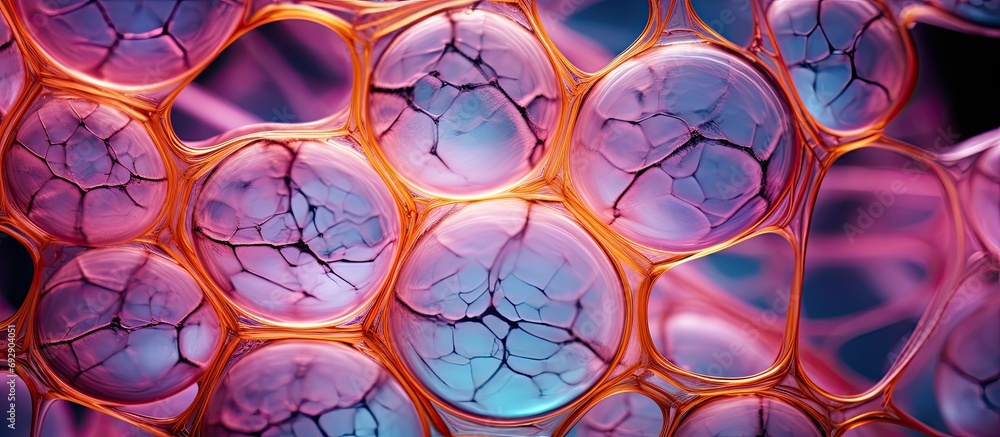 Dye-enhanced microscope image of magnified onion cells. - obrazy, fototapety, plakaty 
