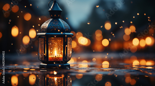 Ornamental Arabic lantern with burning candle. Ramadan Kareem Arabian Lantern on the bokeh bakcground. Ai