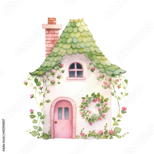 Watercolor illustration of small cute house in the spring season.