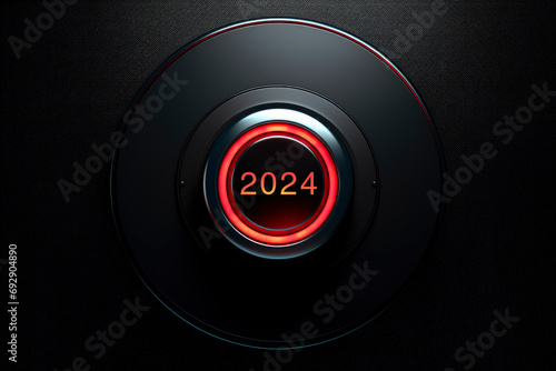 2024 letter on modern black round shaped push button with red light of switching on sign, Business happy new year 2024 cover concept photo