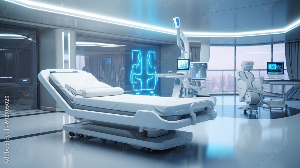 Futuristic Hospital Room with Advanced AI Technology Equipment: Innovative Healthcare Concept Futuristic Hospital Room with Advanced AI Technology Equipment: Innovative Healthcare Concept