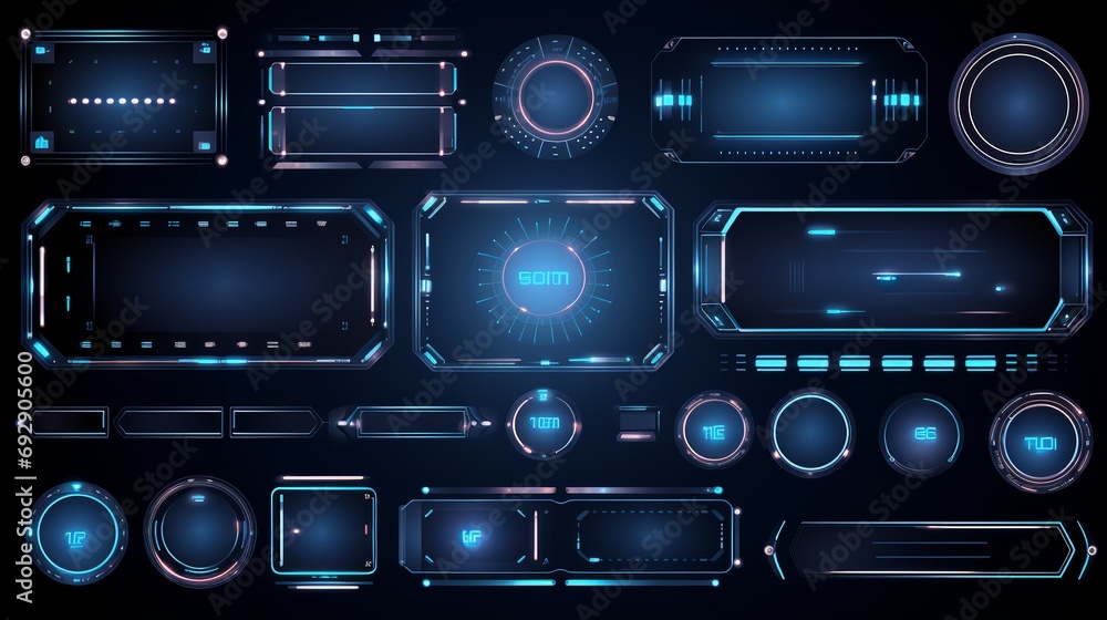 Fototapeta premium Futuristic Holographic HUD UI Elements Vector Set – High-Tech Bars, Frames, and Icons in Circle and Rectangle Shapes