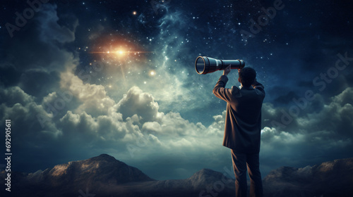 Man looks through a telescope photo