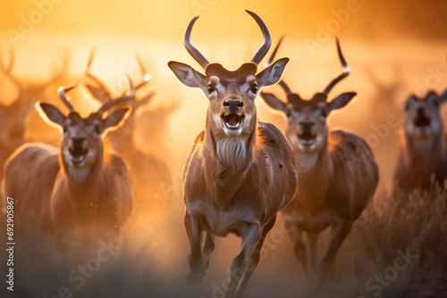 Herd of Antelopes Running in the Golden Sunset Ligh