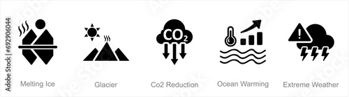 A set of 5 climate change icons as melting ice, glacier, co2 reduction