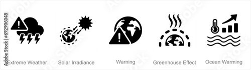 A set of 5 climate change icons as extreme weather, solar irradiance, warning