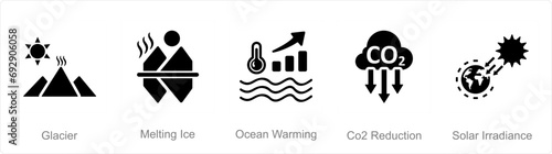A set of 5 climate change icons as glacier, melting ice, ocean warming