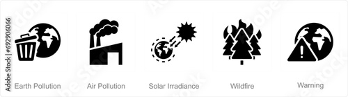 A set of 5 climate change icons as earth pollution, air pollution, solar irradiance