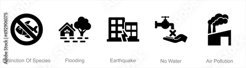A set of 5 climate change icons as extinction of species, flooding, earthquake