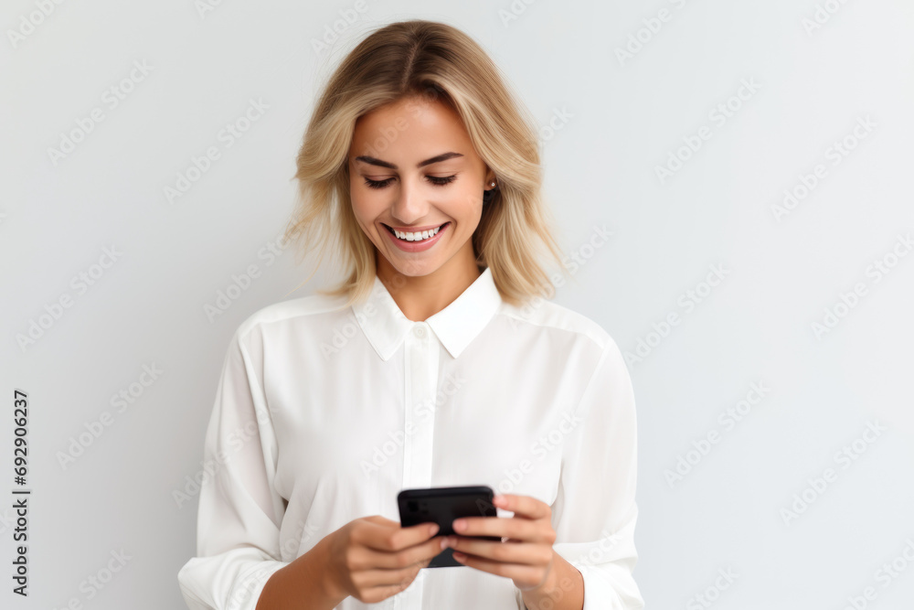 Portrait of a beautiful blond woman with a white shirt looking at her mobile phone Portrait of a beautiful blond woman with a white shirt looking at her mobile phone
