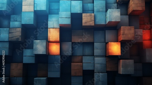 Abstract Cubic Landscape in Cool Blues and Warm Oranges Evoking Depth and Contrast
